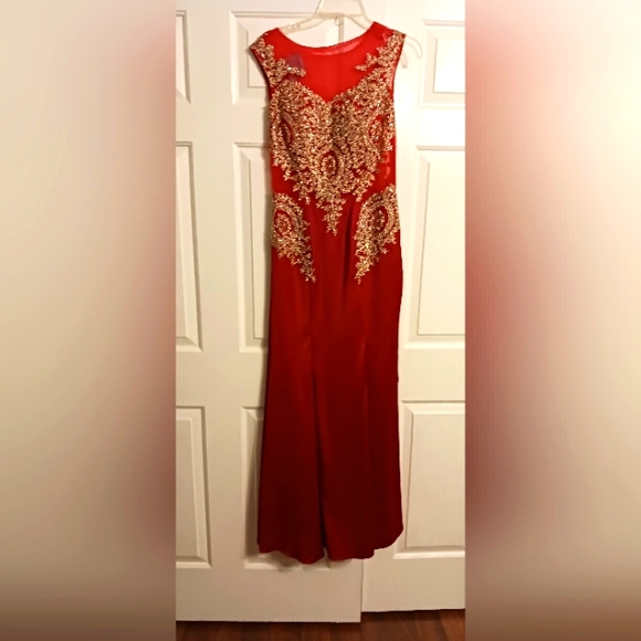 Dresses & Skirts - Gorgeous RED Gown with gold brocade overlaid lace  Size 10